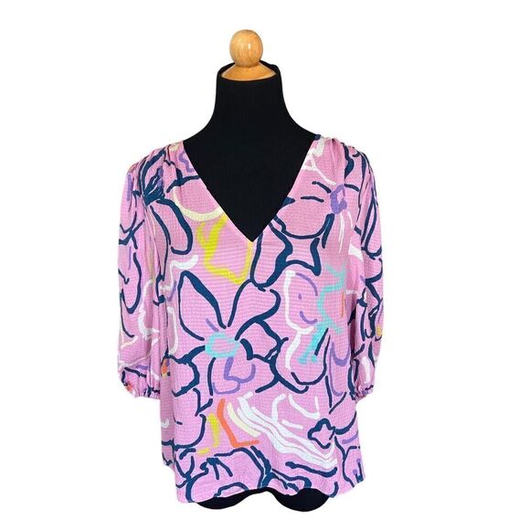 Tanya Taylor Pink Painted Floral Textured Silk 3/4 Sleeve V Neck Blouse Size 4 - Picture 4 of 8